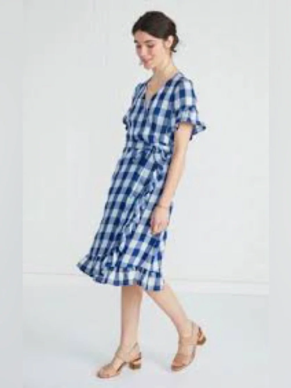 Amour Vert - Blue & White Gingham‎ Print Ruffled Wrap Dress Sz xs